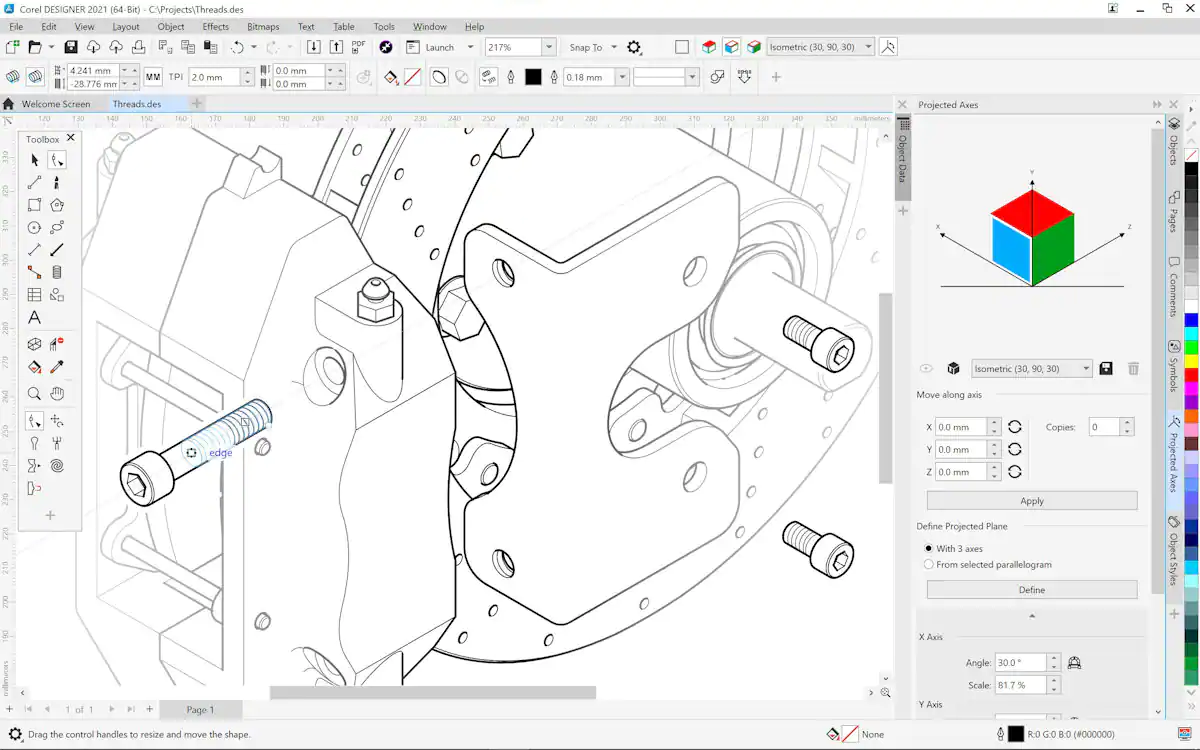 Corel DESIGNER 2021 - 3-point and borderless thread creation - screenshot