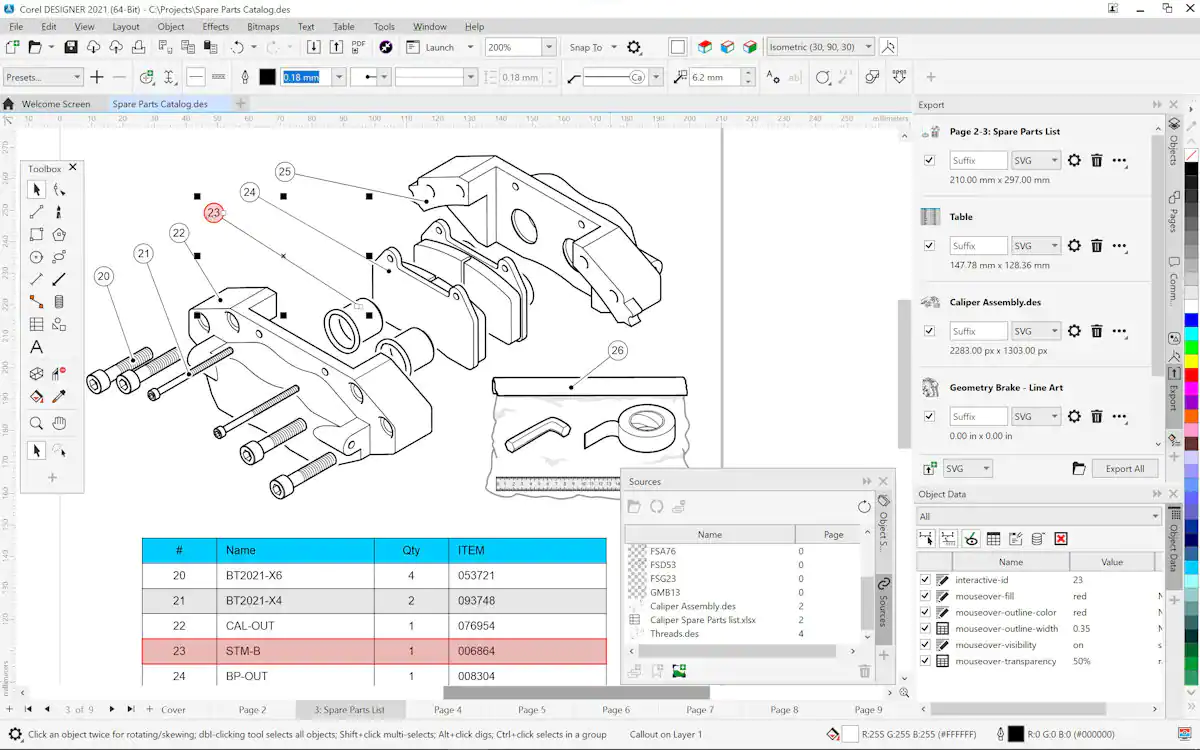 Corel DESIGNER 2021 - interactive spare parts page creation & dynamic SVG support - screenshot