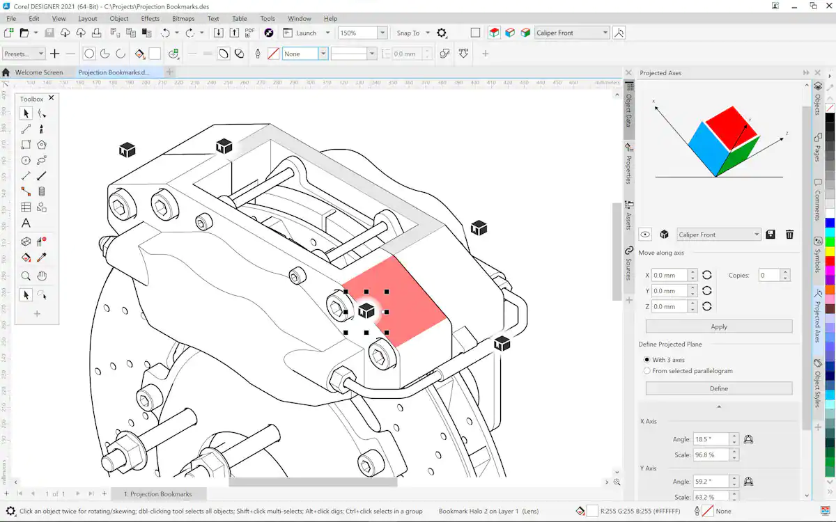 Corel DESIGNER 2021 - projection bookmarks - screenshot